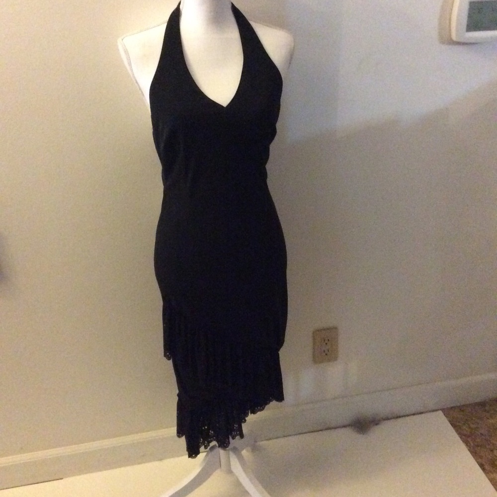 NWT Kay Unger Black Halter Dress with ruffle